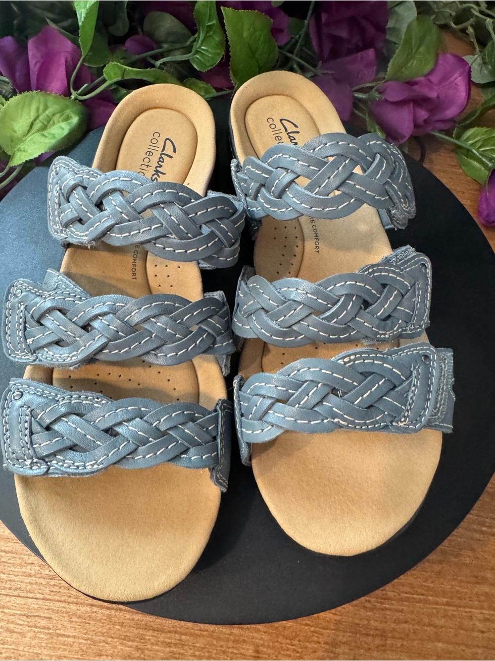 NIB Clarks Laurieann Rio Blue Leather Slide Sandals Size 9W